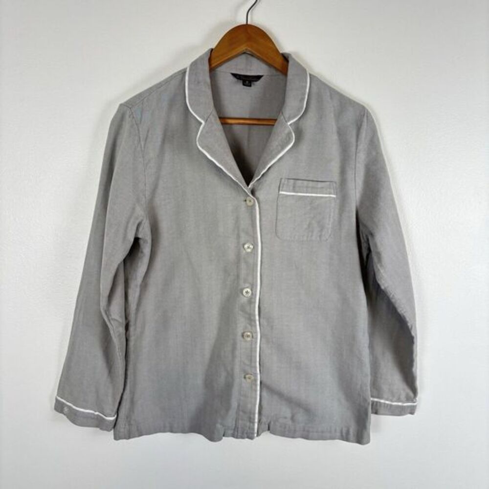 Brooks Brothers Womens M Gray Herringbone Button Front Pajama Top Cotton Logo